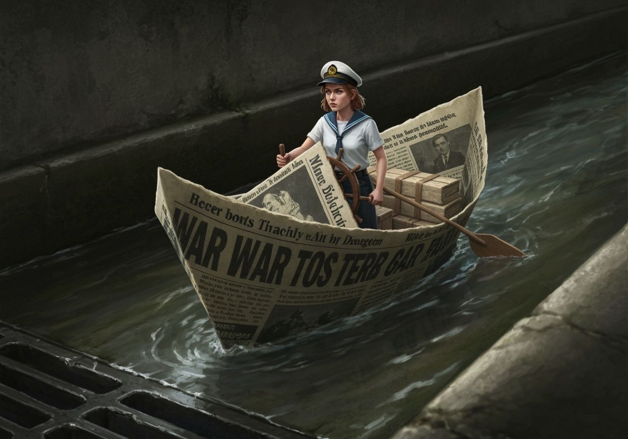 Newspaper Boat Navigates Gutter Towards Drain