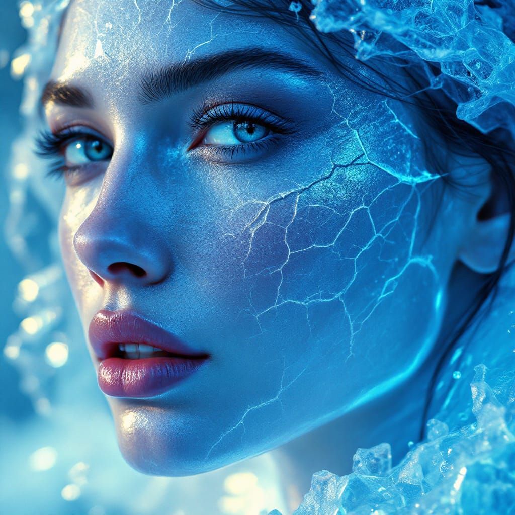 Ice Woman Portrait with Pale Blue Light