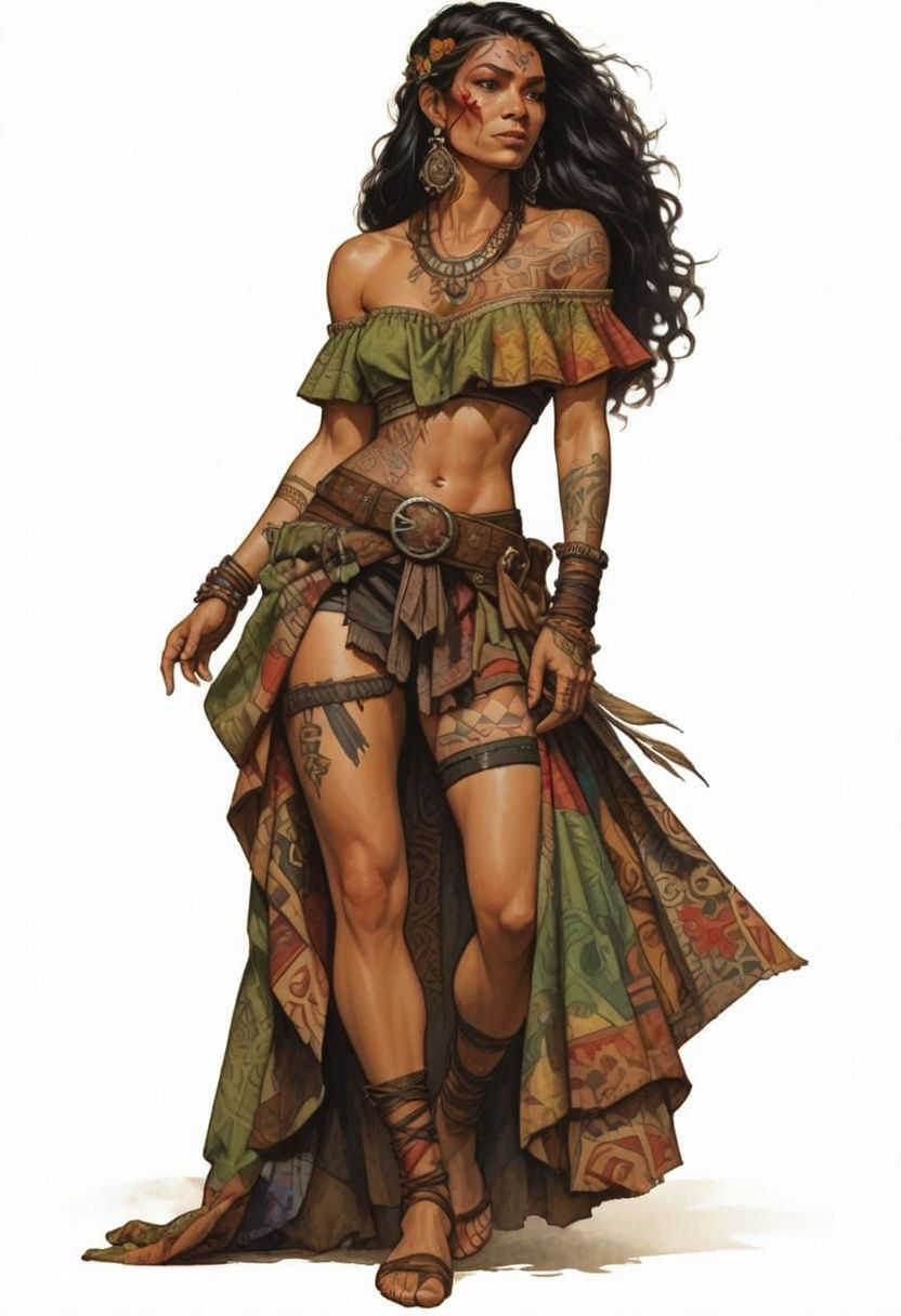 Polynesian Woman in Patchwork Dress, Heroic Fantasy Art