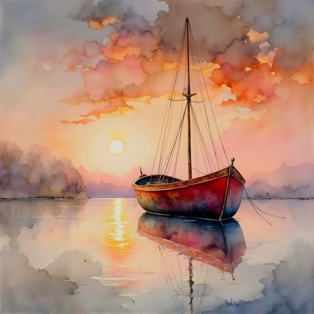 Serene Watercolor Dawn with Lone Fishing Boat