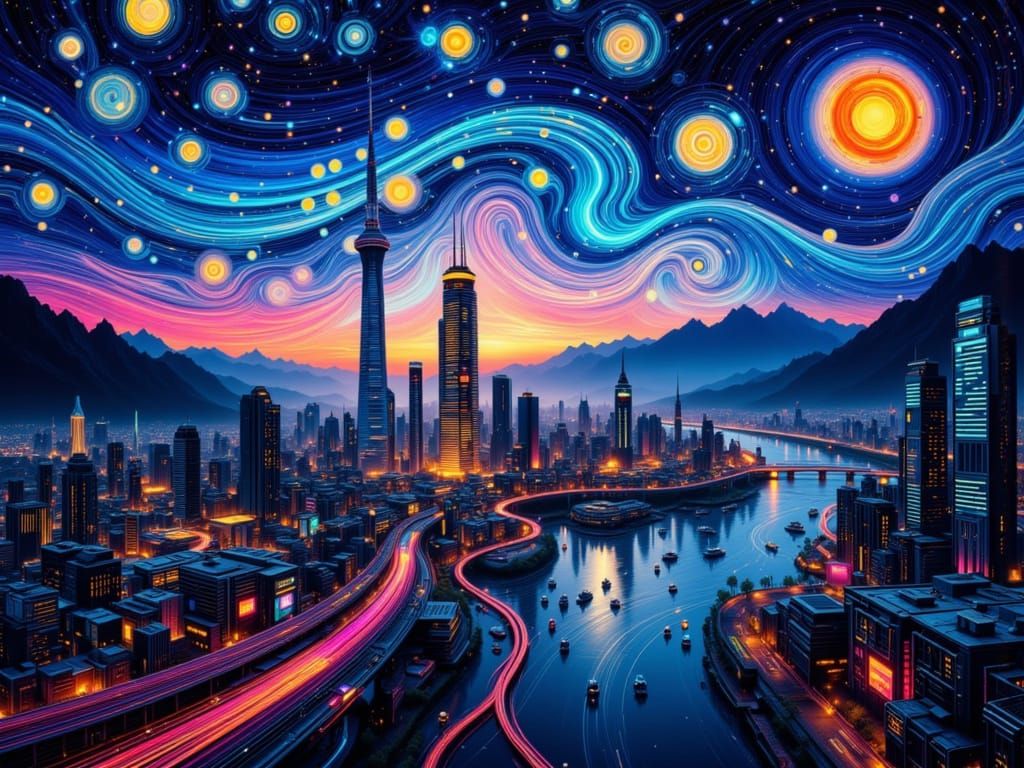 Van Gogh: "Starry Night" as a cyberpunk cityscape