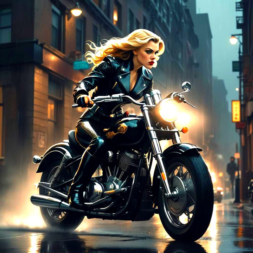 Black Canary on Motorcycle in Art Deco Pulp Style