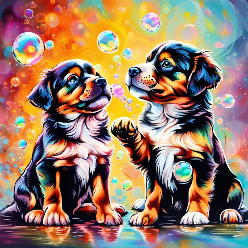 Puppies Playing with Bubbles in Graffiti Art Style
