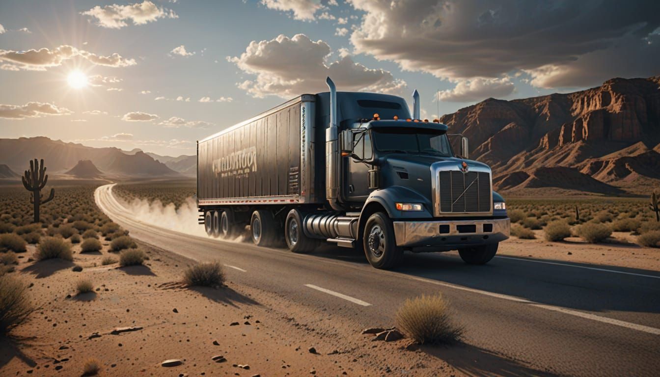 Semi-Truck in a Desert Landscape, Hyper-Realistic Digital Ar...