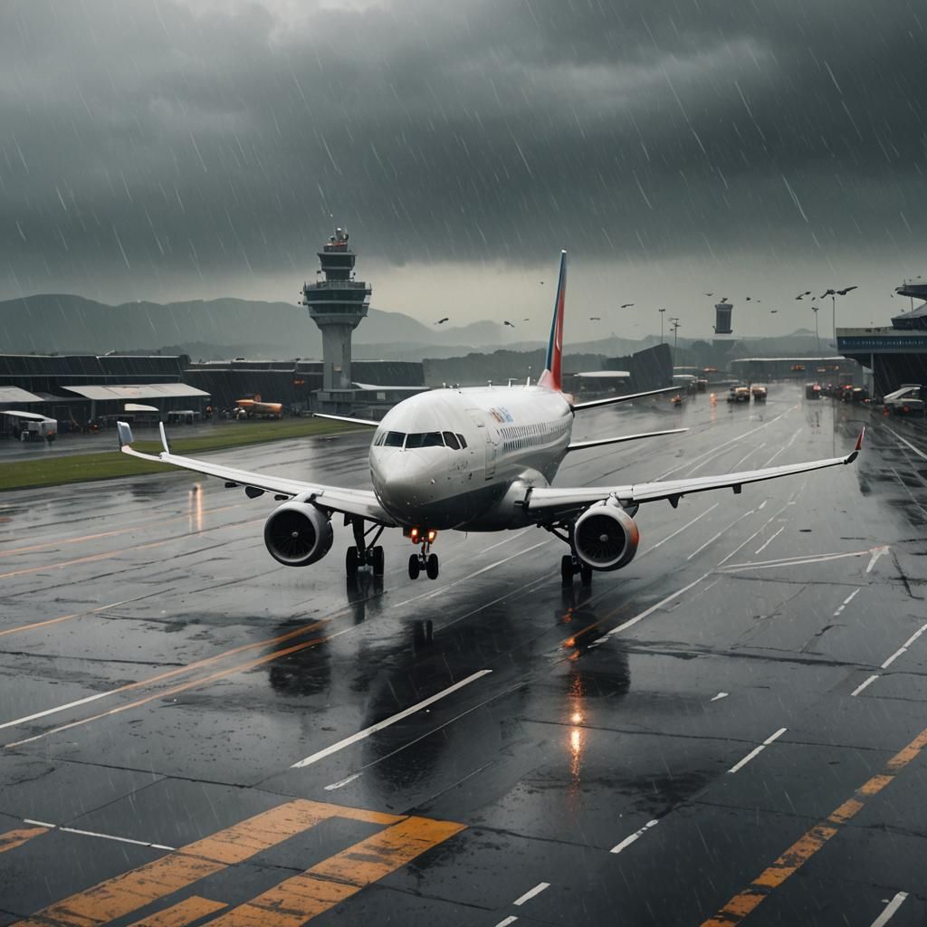 Airplane Landing on Rainy Day: Detailed Matte Painting