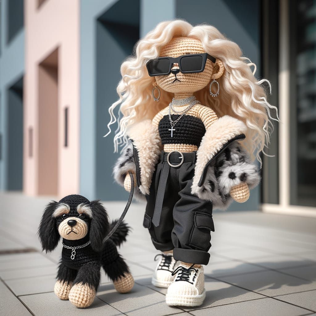 Fashionable Crochet Teddy Bear Strolls City Streets