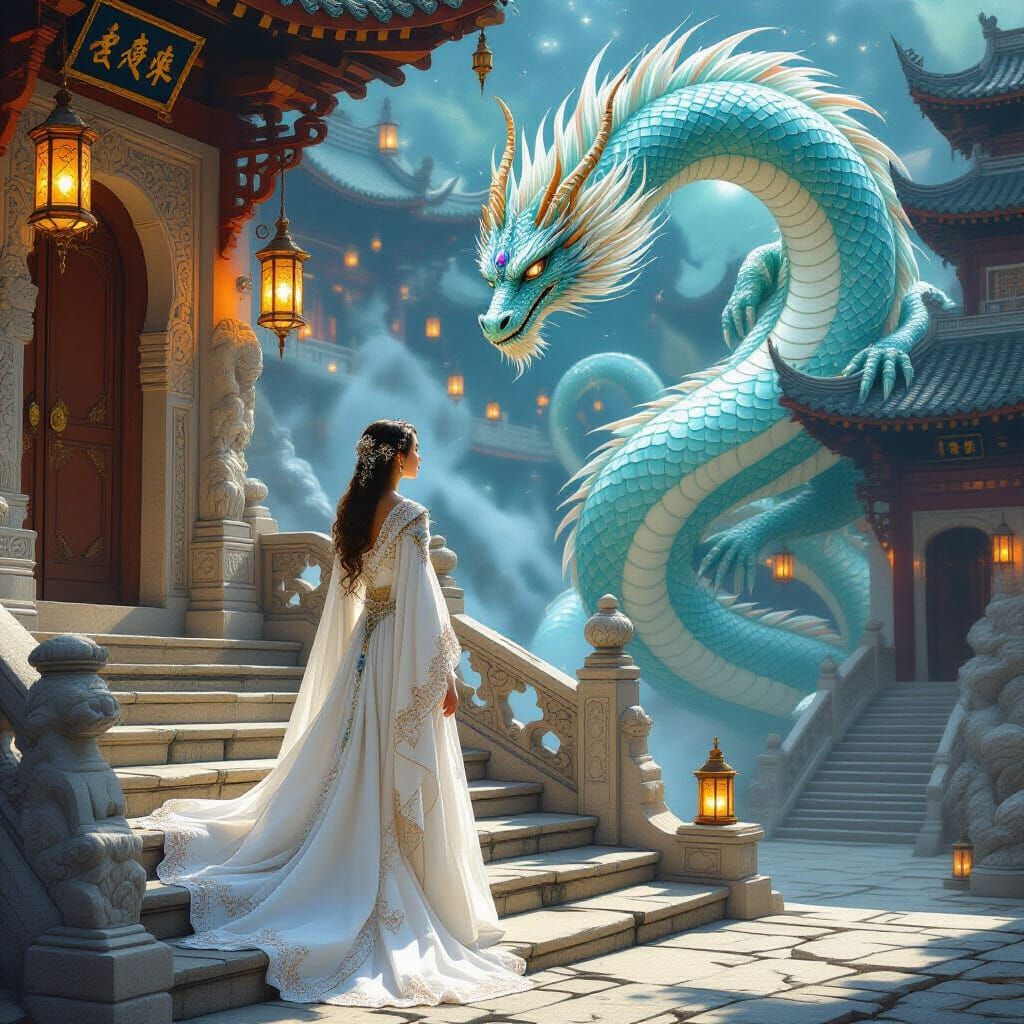 Dragon and Noblewoman: Ethereal Illustration