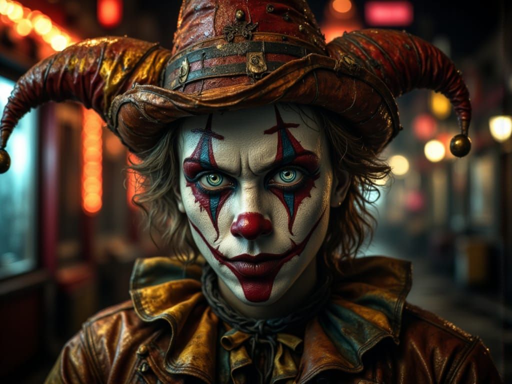 Evil Court Jester with Helical Eyes in Haunted Carnival