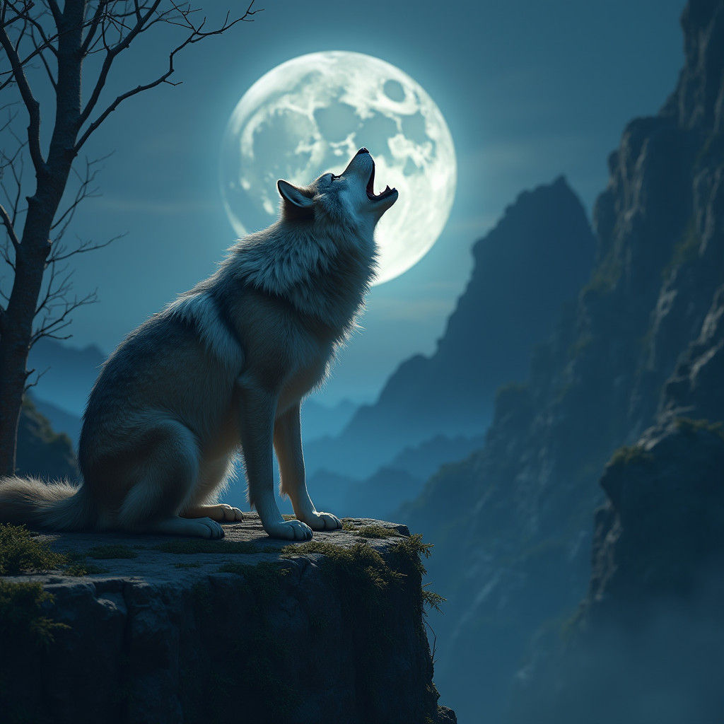 Wolf Howling at Moon in Fantasy Matte Painting