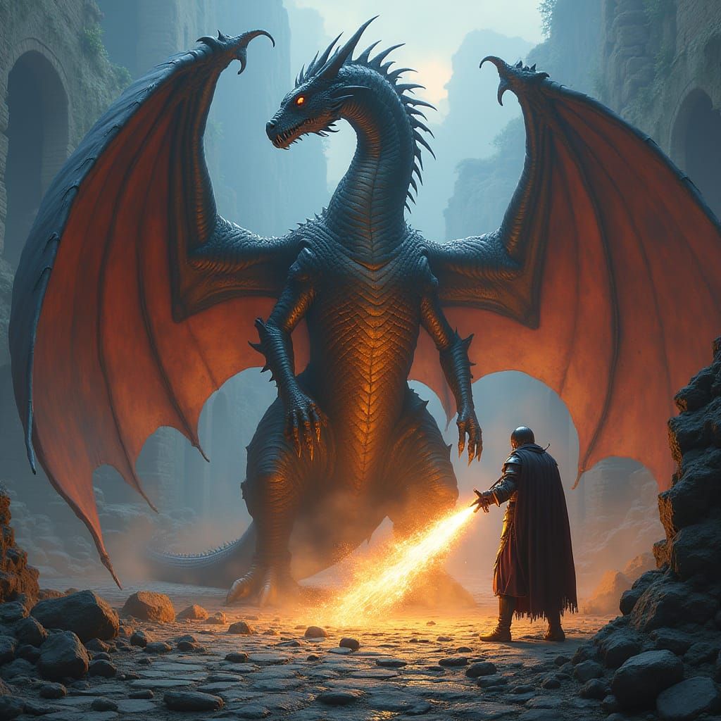 Dragon Battles Knight in Ruined Obsidian Coliseum