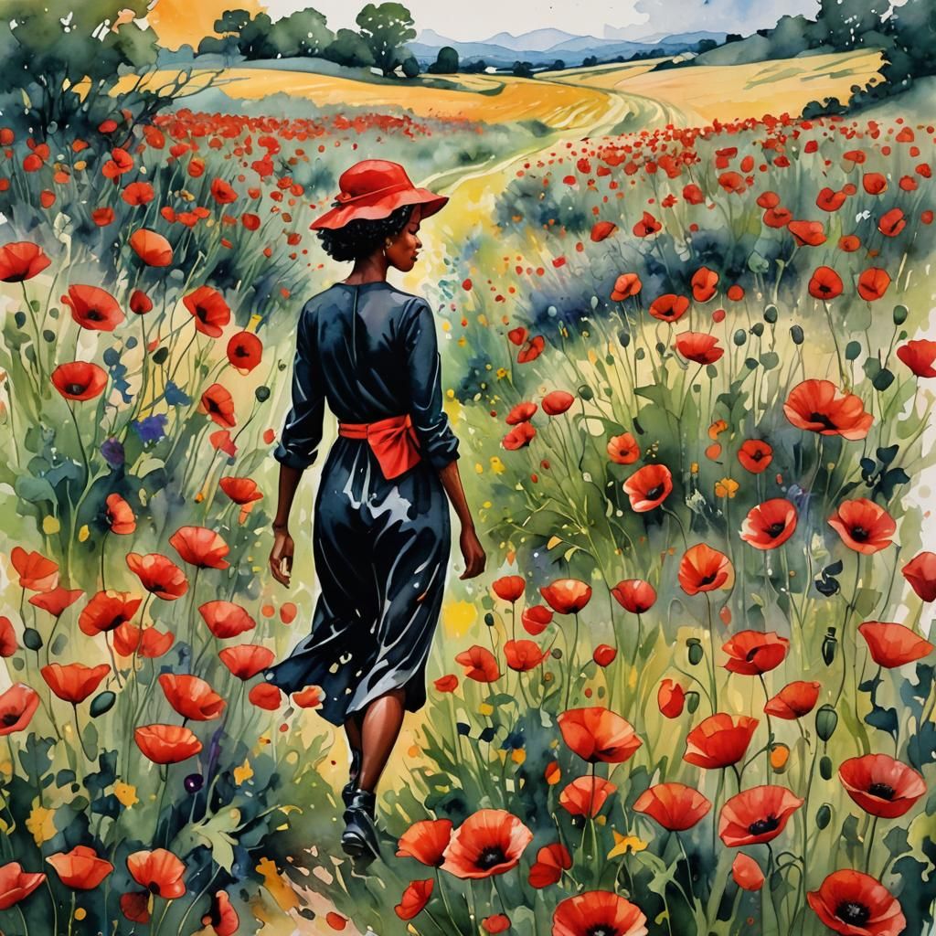 Vivid Watercolor: Poppies and Woman in Field
