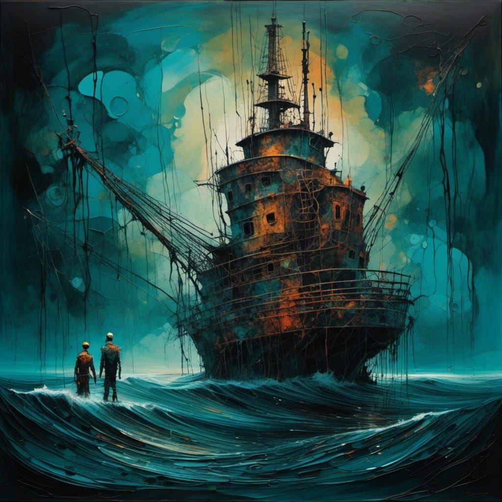 Surreal Oil Derrick Alien in Dark Ocean