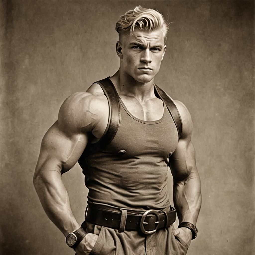 Aggressive German Teen with Bulky Muscles in Sepia