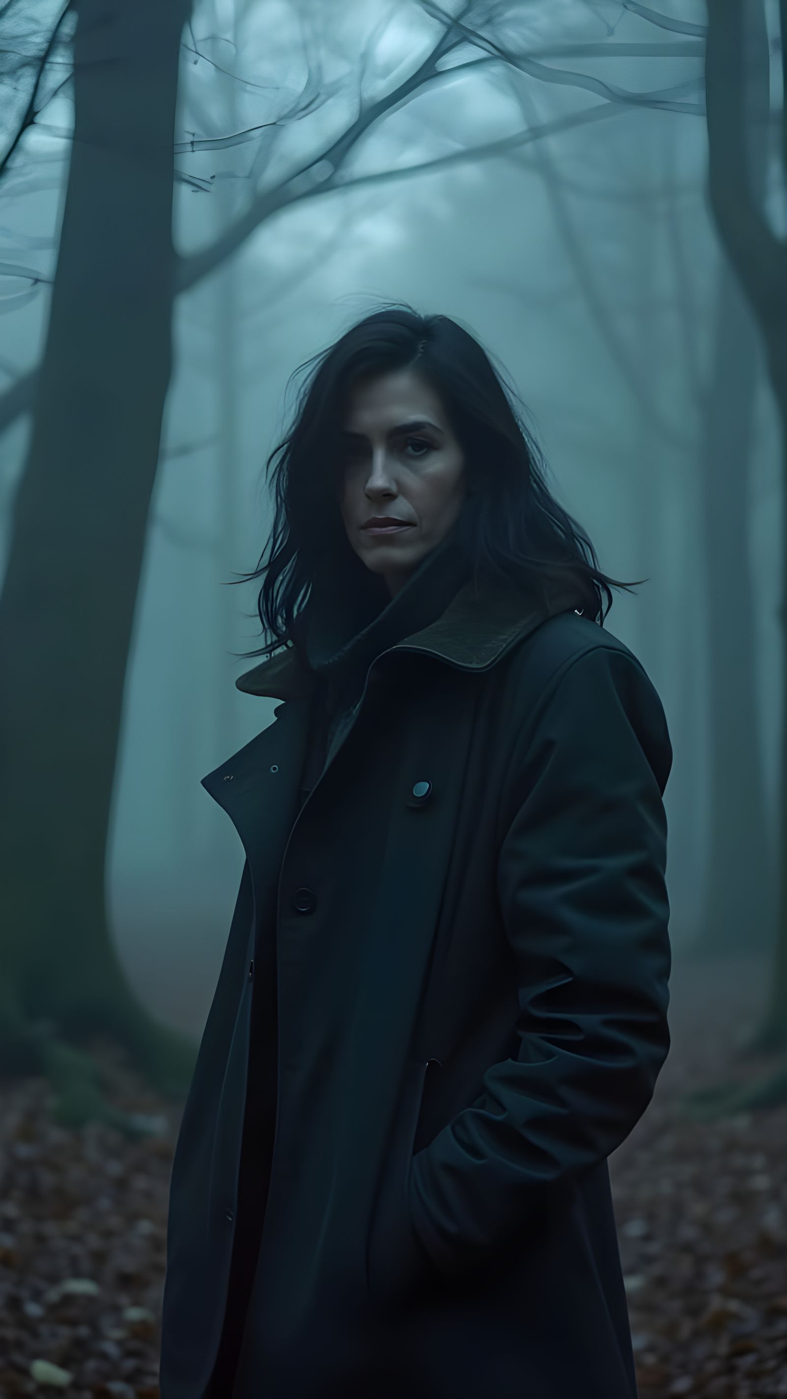 Beautiful Woman in Misty Forest, Photorealistic Noir