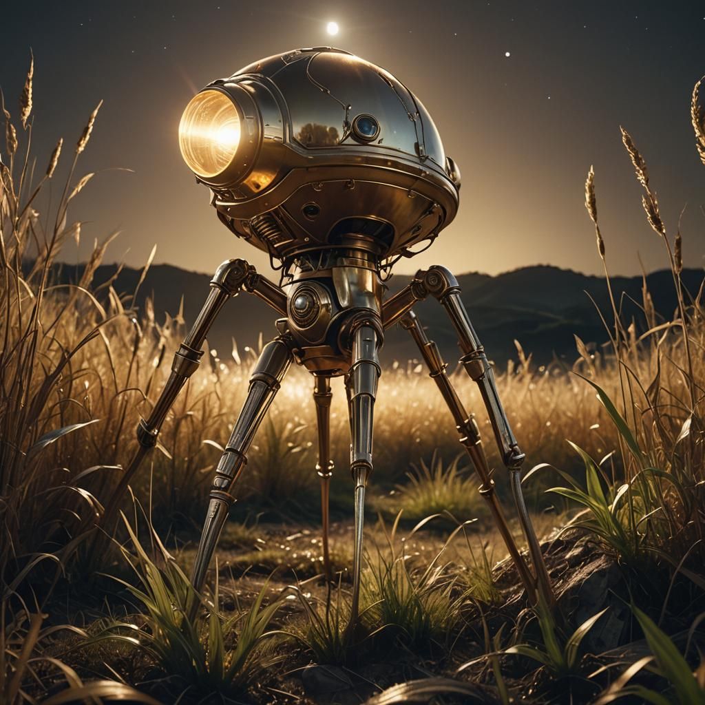 Giant Golden Tripod Lamp Walks at Night