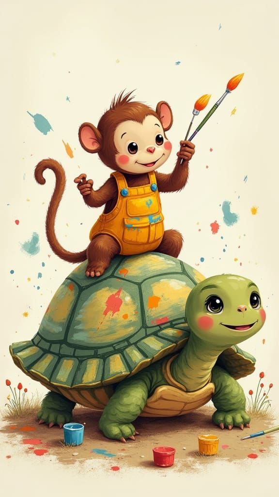 Monkey Painting Turtle Shell in Cartoon Style