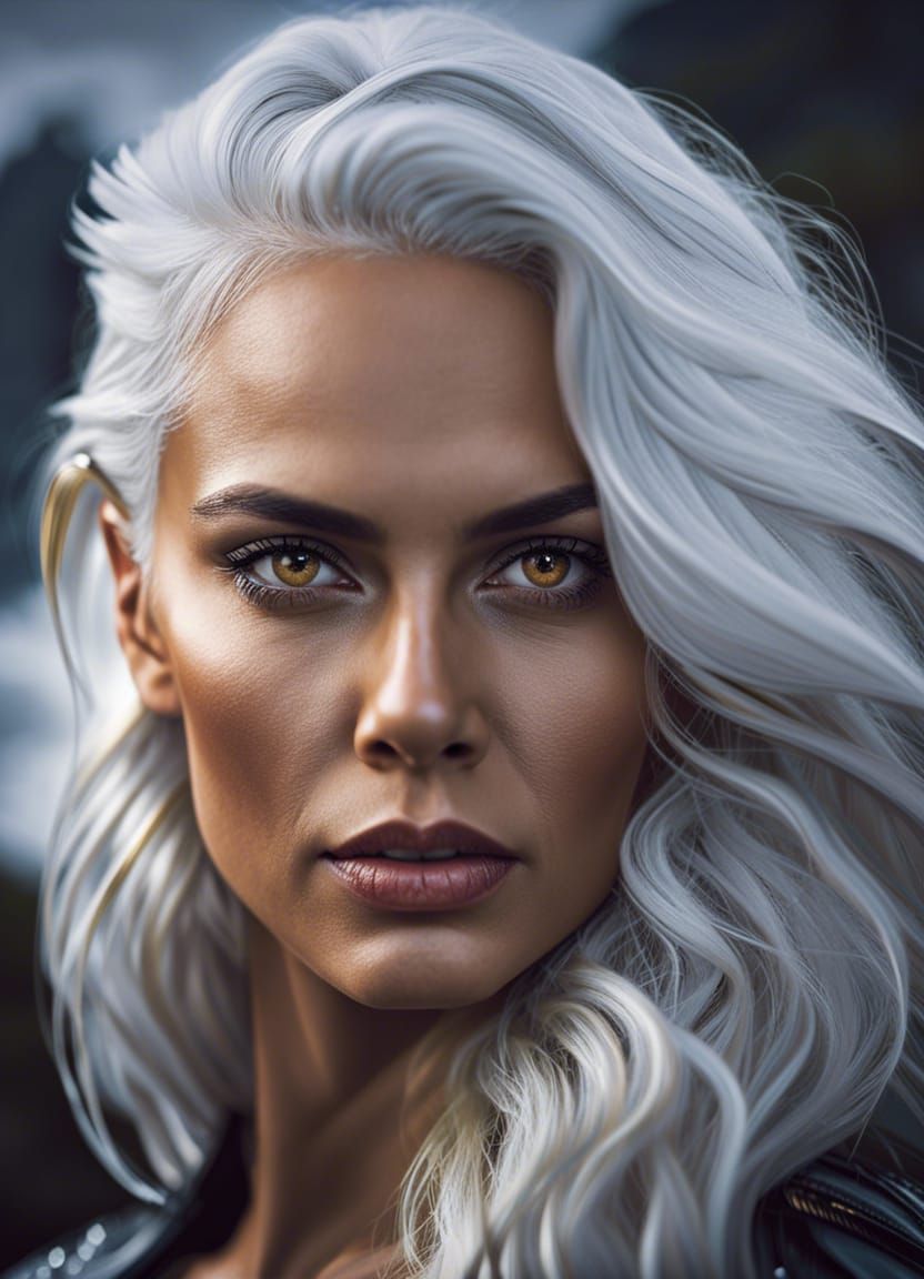 Golden-Eyed Woman in Rainy Mountainscape: Cinematic Portrait