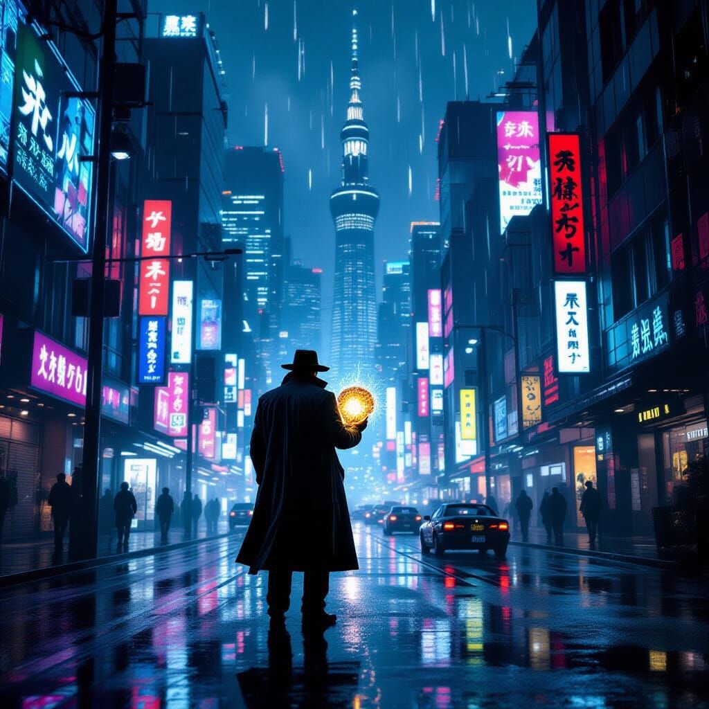 Grizzled Detective on Neon Tokyo Street with Glowing Artifac...