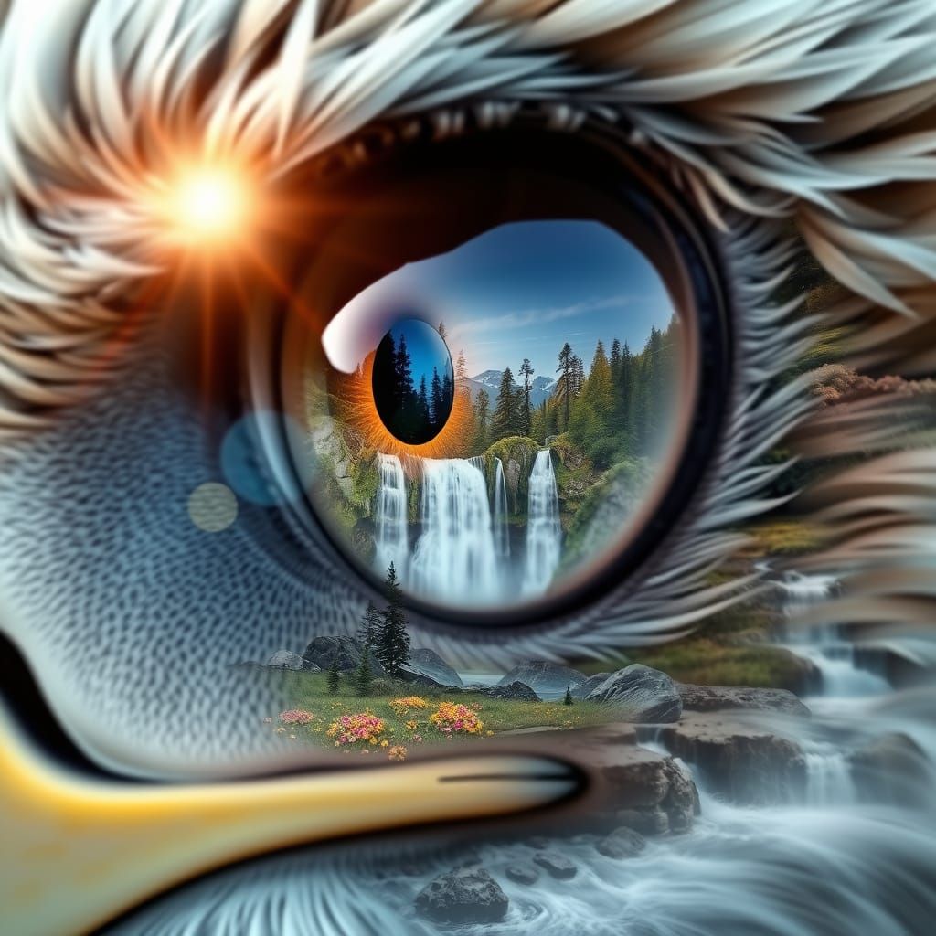 Waterfall Landscape Reflected in Eagle Eye