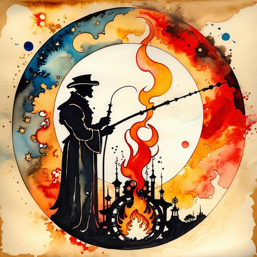 Deity Bringing Fire to Earth: Steampunk Ink Art