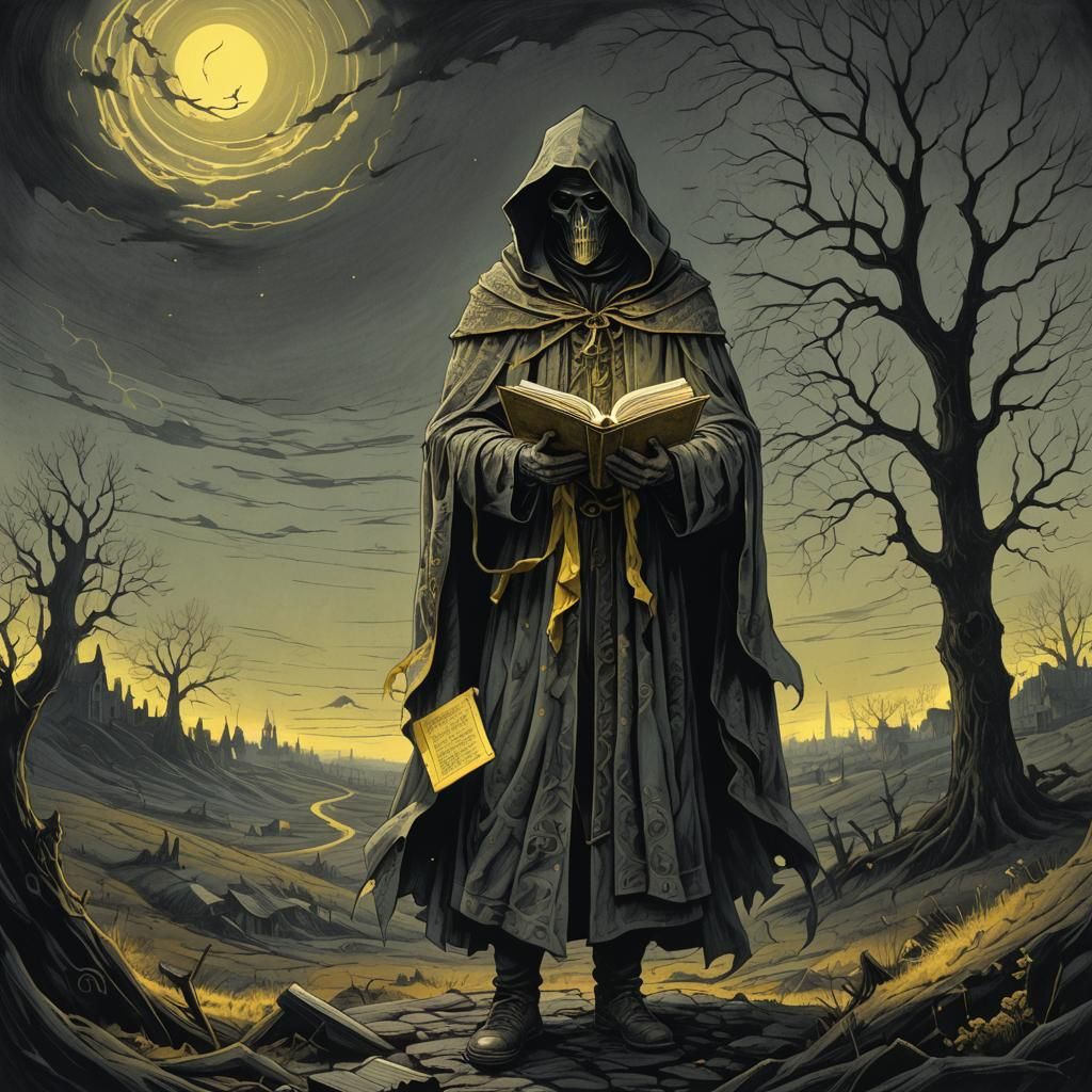 Surreal Horror Figure with Yellow Book in Eerie Landscape