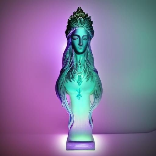 Ethereal purple holographic goddess statue with cobalt blue holographic accents& Emerald green holographic accents& Beau...