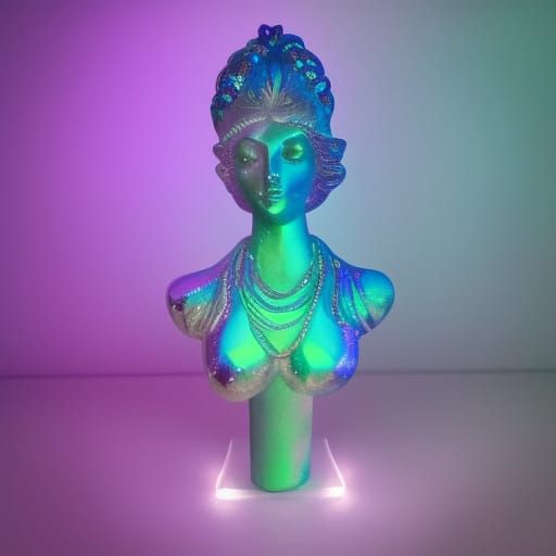Ethereal purple holographic goddess statue with cobalt blue holographic accents& Emerald green holographic accents& Beau...