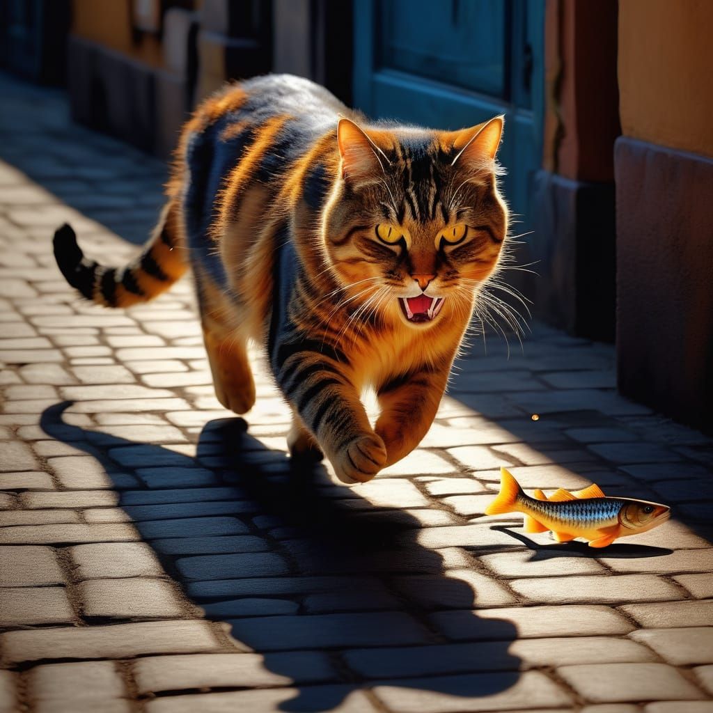 Mischief in the Market: A Whimsical Cat's Catch