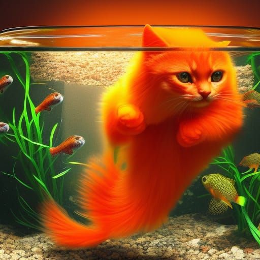 Orange Cat Gazing at Goldfish in Aquarium