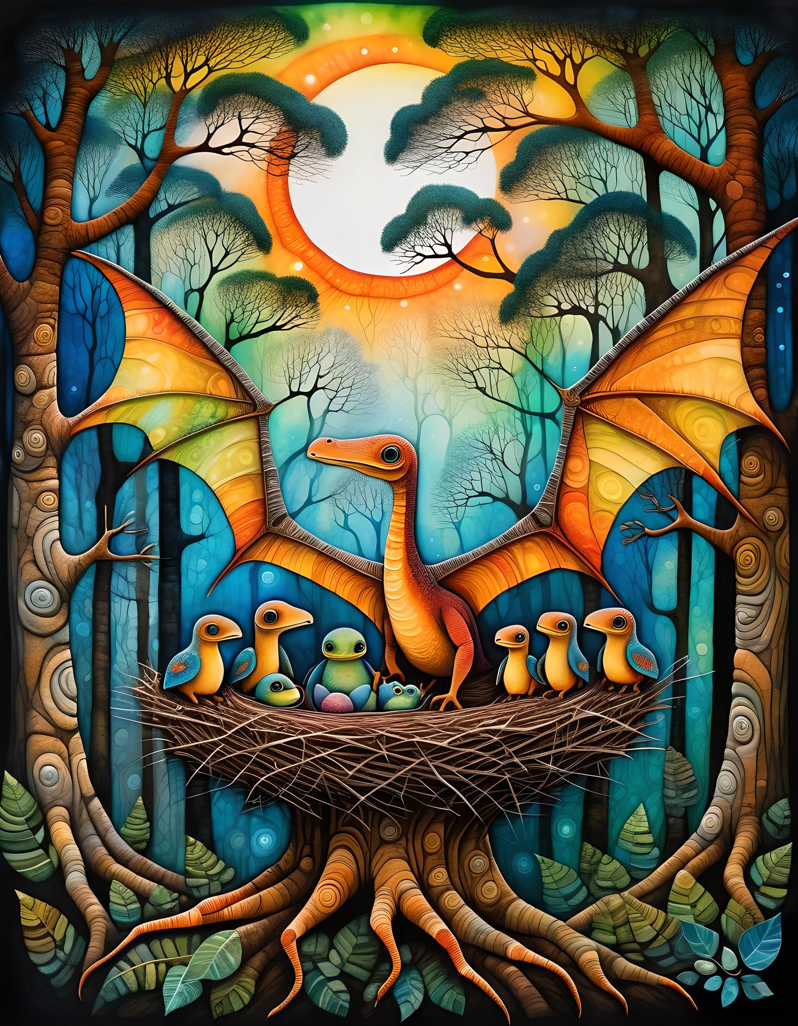 Pterodactyl Family in Fantasy Forest, Vivid Illustration