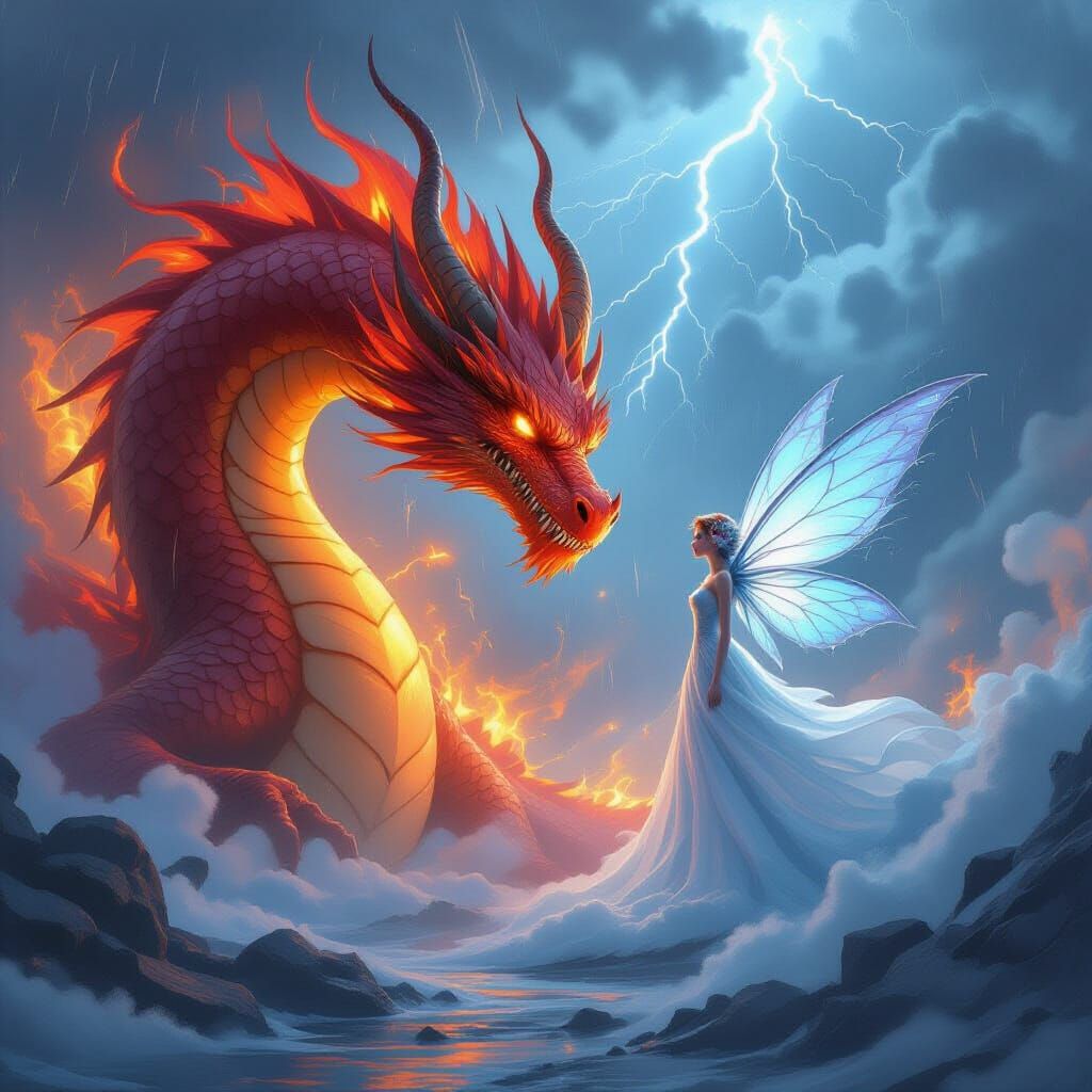Dragon and Fairy Clash in Storm, Digital Art