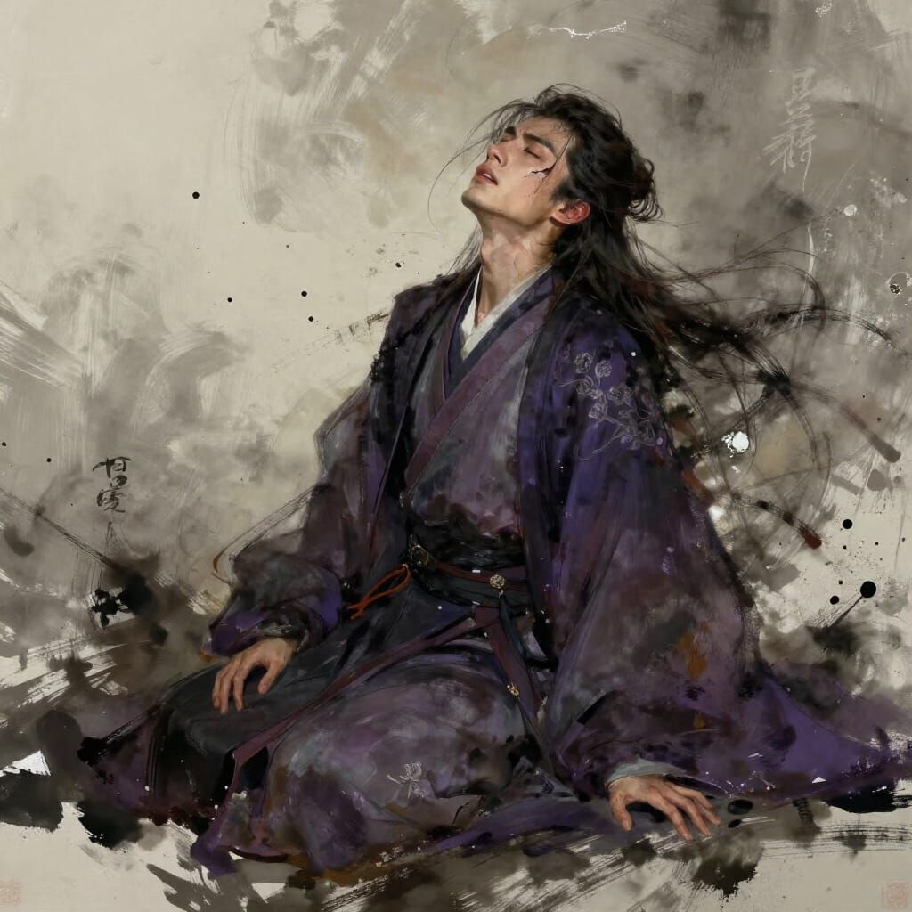 Distressed Man in Chaotic Asian Inspired Robes