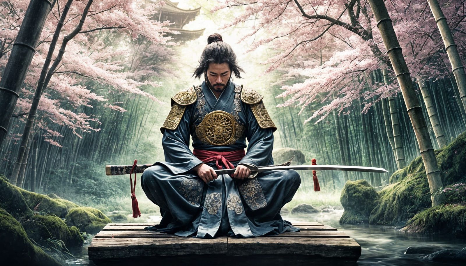 Samurai Meditation in Bamboo Forest, Art Nouveau Style