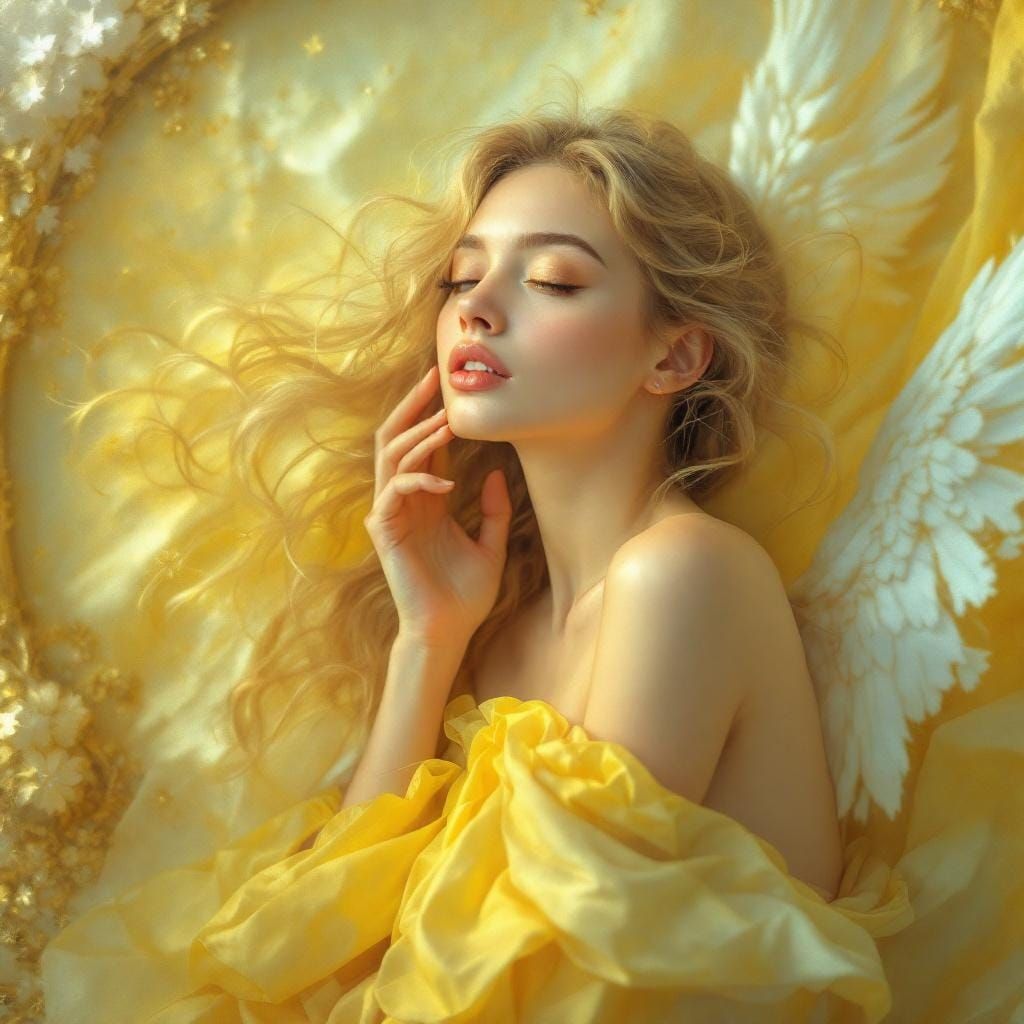 Ethereal Angel in Soft Yellow Fantasy Setting