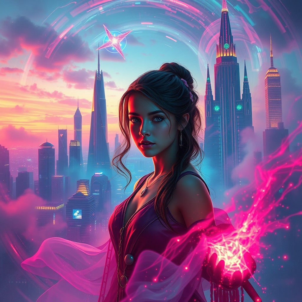 Enchanting Sorceress in Neon Cityscape: Matte Painting