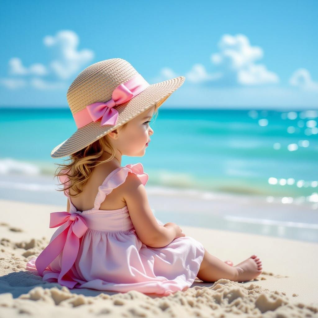 Girl in Straw Hat on Beach, Chalk Art Style