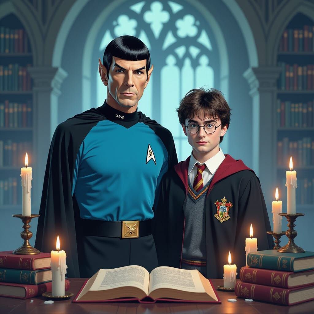 Spock and Harry Potter in Magical Library