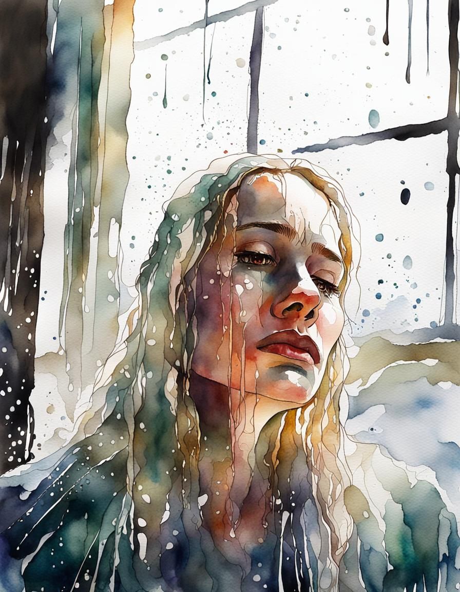 female with a glistening wet face of tears, sad and resigned to widowhood, intense emotion, abstract watercolor