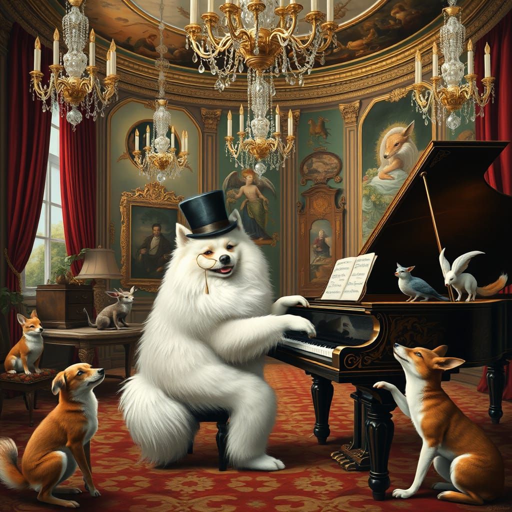 Samoyed Dog Concert in Surreal Ballroom