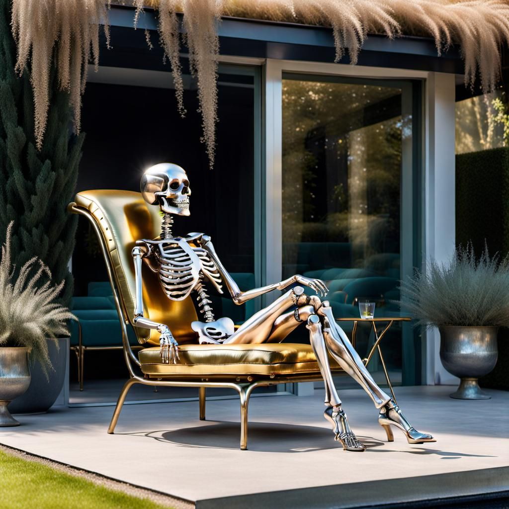 Metallic Skeleton Girl Relaxing in Futuristic Garden