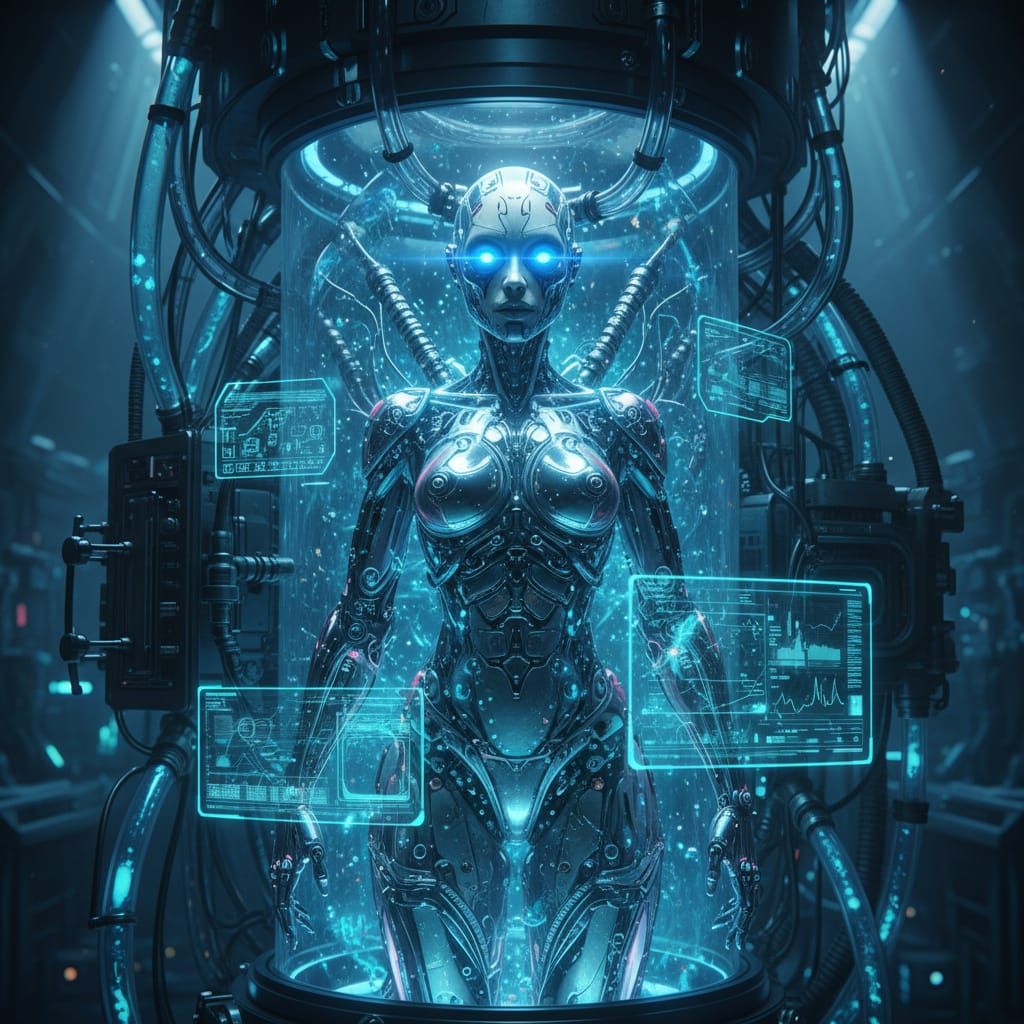 Female Cyborg in Cryo-Regeneration Tank