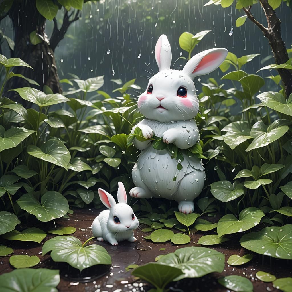 Kawaii Chubby Bunny in Rain, Detailed Matte Painting