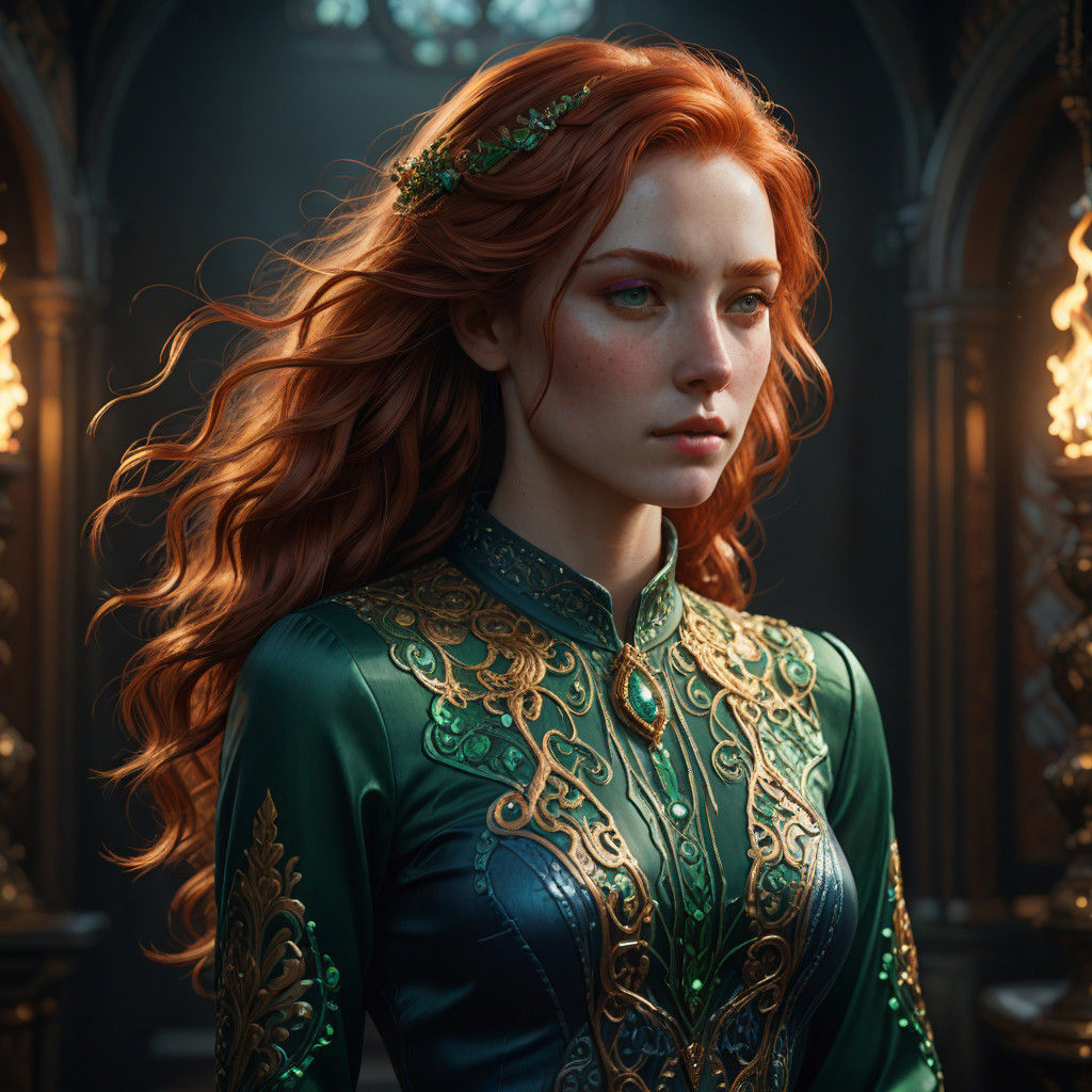 Ethereal Redhead Siren in Vibrant Fantasy Studio