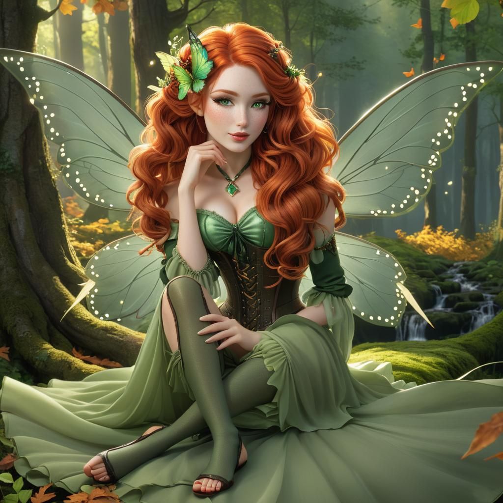 Red-Haired Woodland Fairy with Autumnal Corset