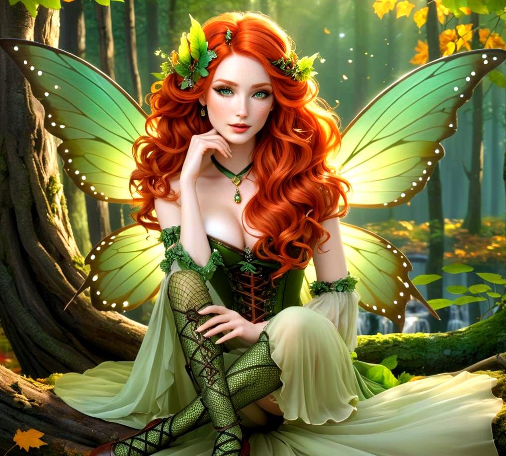 Red-Haired Woodland Fairy with Autumnal Corset