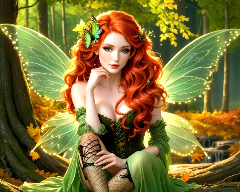 Red-Haired Woodland Fairy with Autumnal Corset