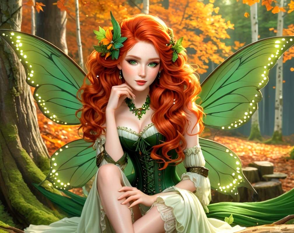 Red-Haired Woodland Fairy with Autumnal Corset