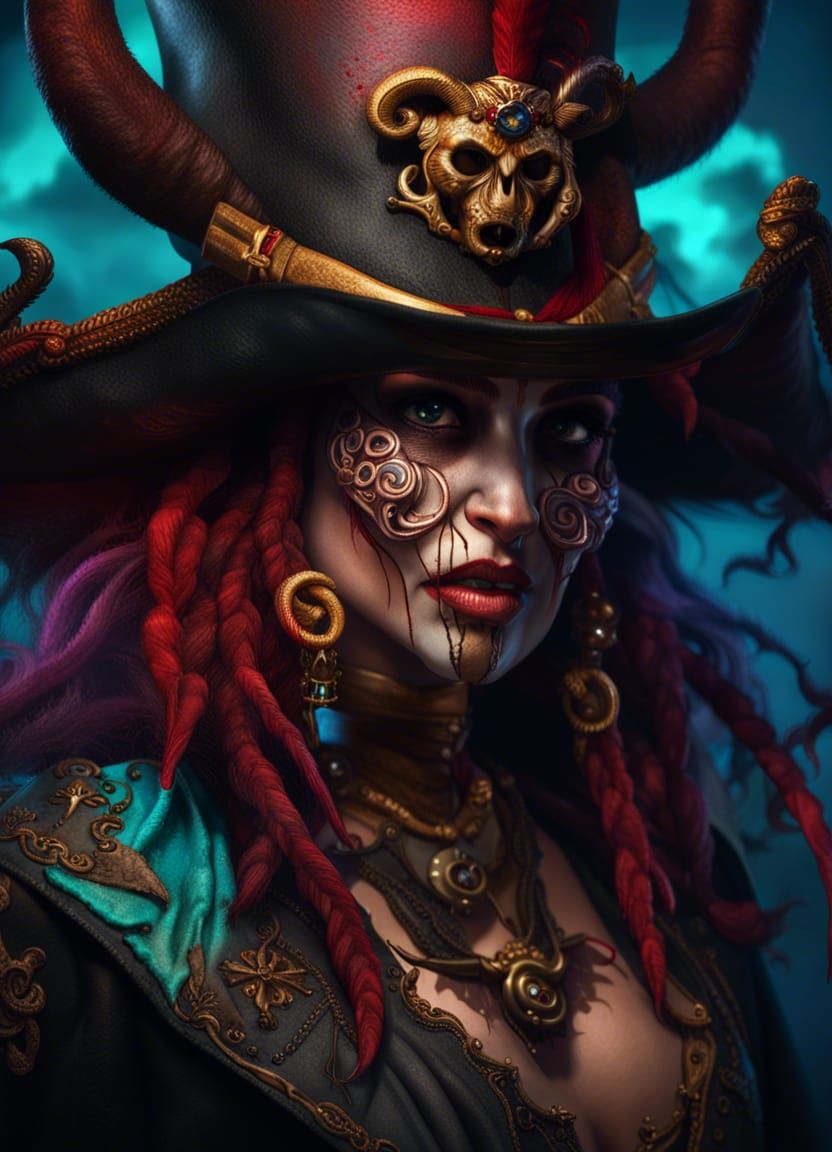 Hyperrealistic Lady Krampus Pirate Captain with Octophant
