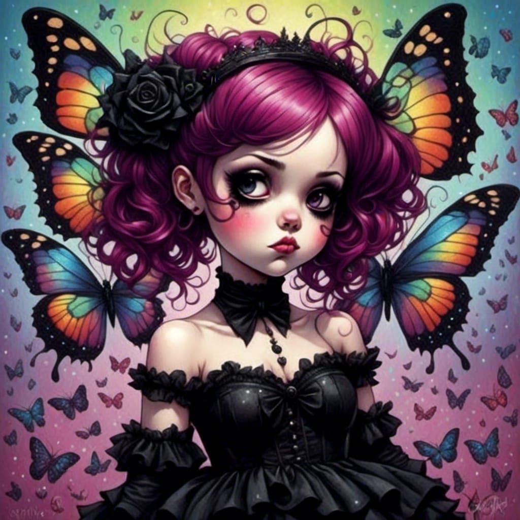 Rainbow Fairy in Goth Anime Lowbrow Art