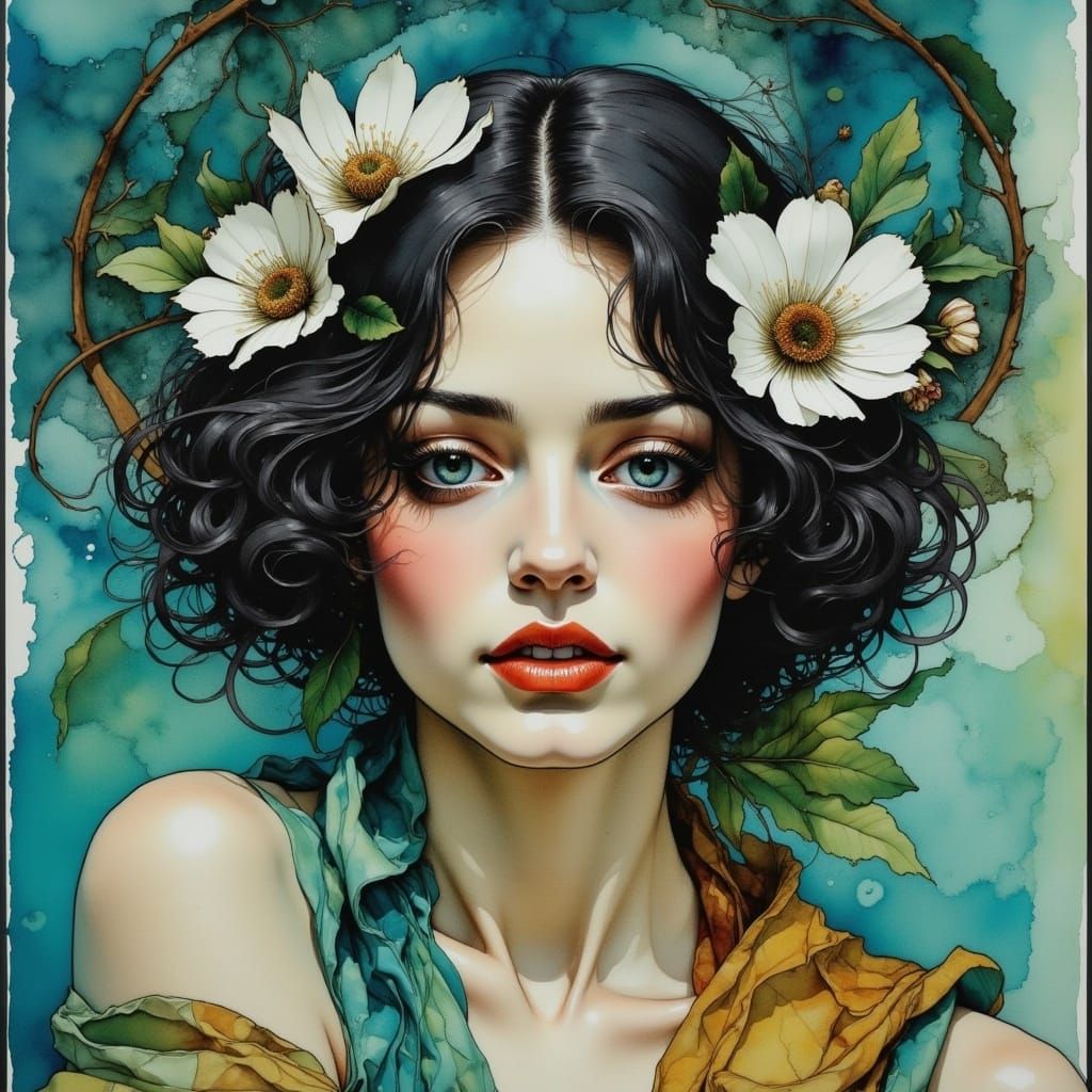 1920s Woman with Flowers in Neurographic Style